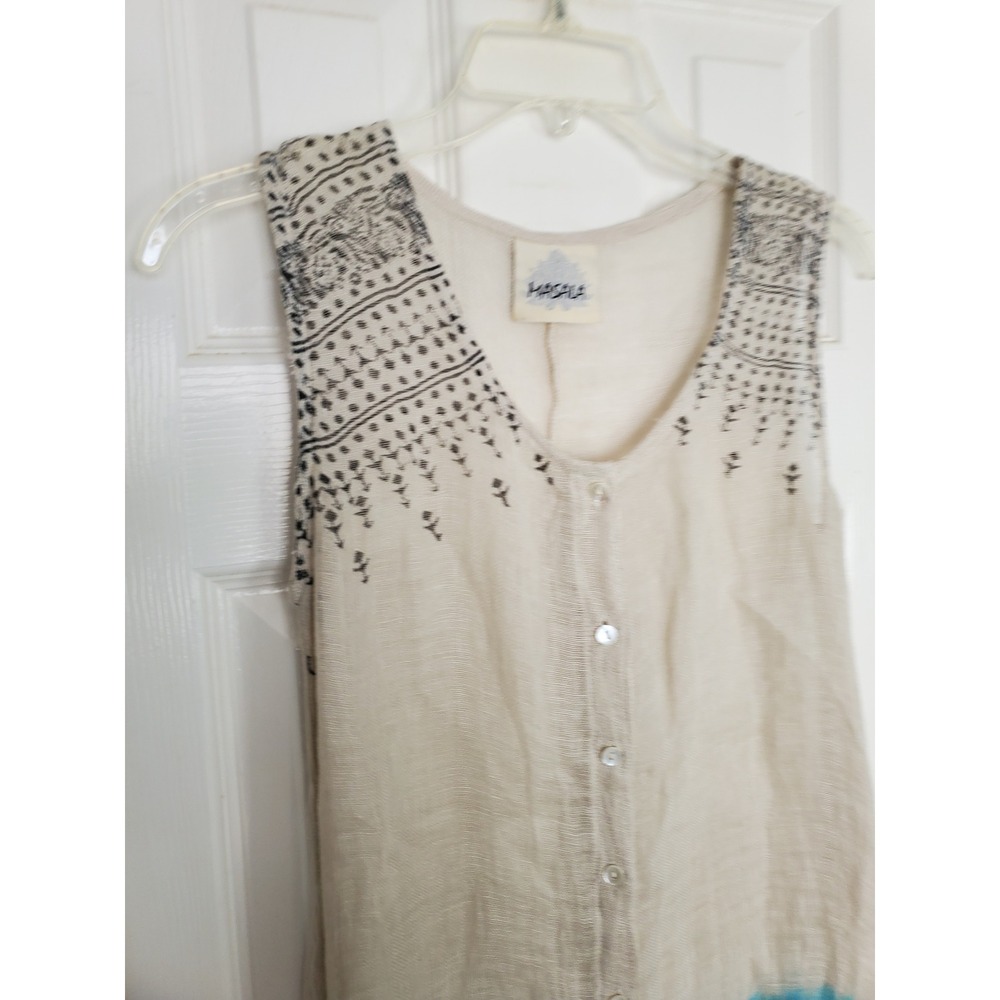 Masala Linen Embroidered Lagenlook Top Beige Blue SharkBite Hem Boho Small